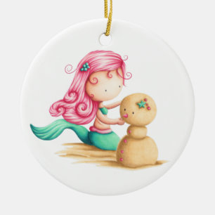 Cerámica Sirena con pelo rosa adorno de Navidad.