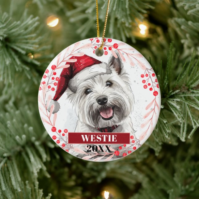 Cerámica Terrier Westie con sombrero de Santa Adorno de Nav (Árbol)