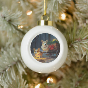 Cerámica Tipo Bola Adorno de Navidad de Trineo Nevado Corgi
