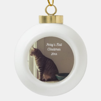 Cerámica Tipo Bola Adorno Navideño de Foto de Gato Marrón Tabby Perso