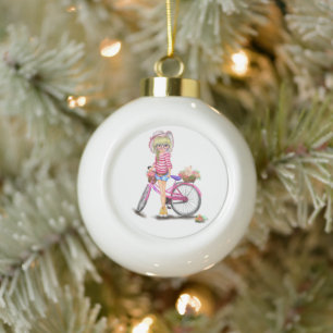 Cerámica Tipo Bola Chica rubio con adorno de Navidad en bicicleta ros