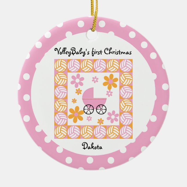 Cerámica VolleyBaby primer adorno rosa de Navidad (Frente)