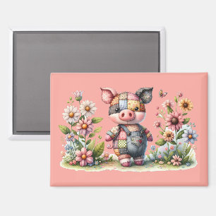 Cerdito Adorable de Parcheo en Jardin Floral Imán