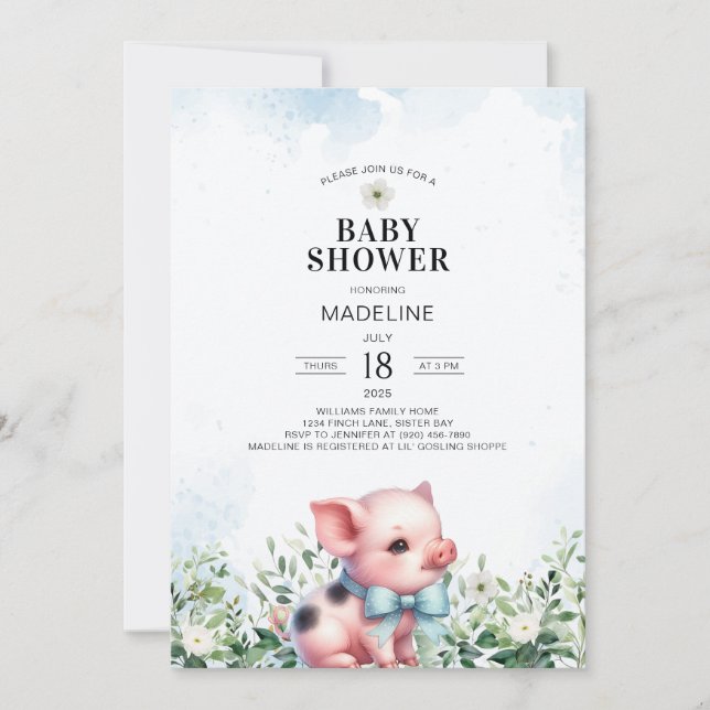 Cerdo con Bow Blue Boy Invitación de Baby Shower (Anverso)