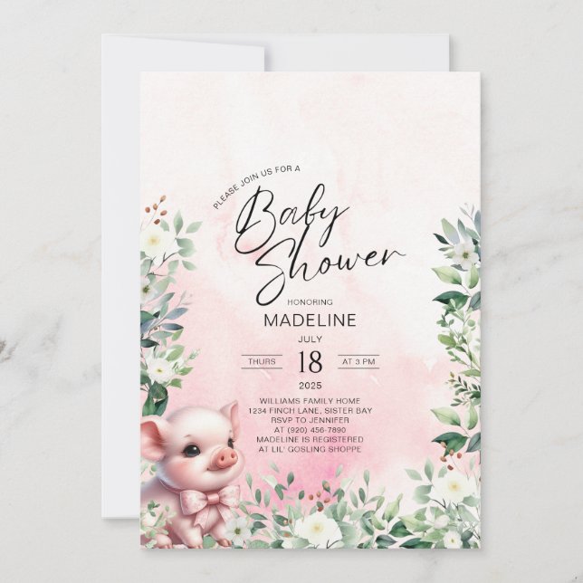Cerdo con invitación de Baby Shower de Chica rosad (Anverso)