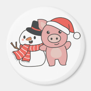 Cerdo Con Snowman En Invierno Para El Imán De Los 