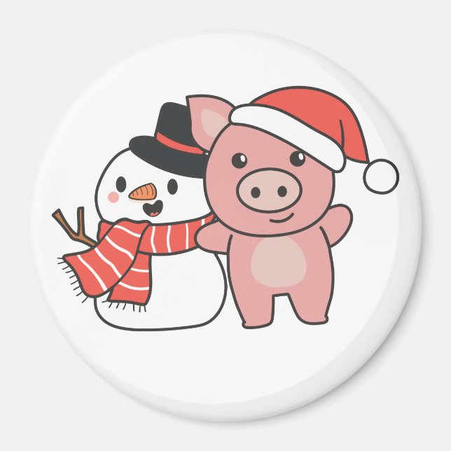 Cerdo Con Snowman En Invierno Para El Imán De Los  (Frente)