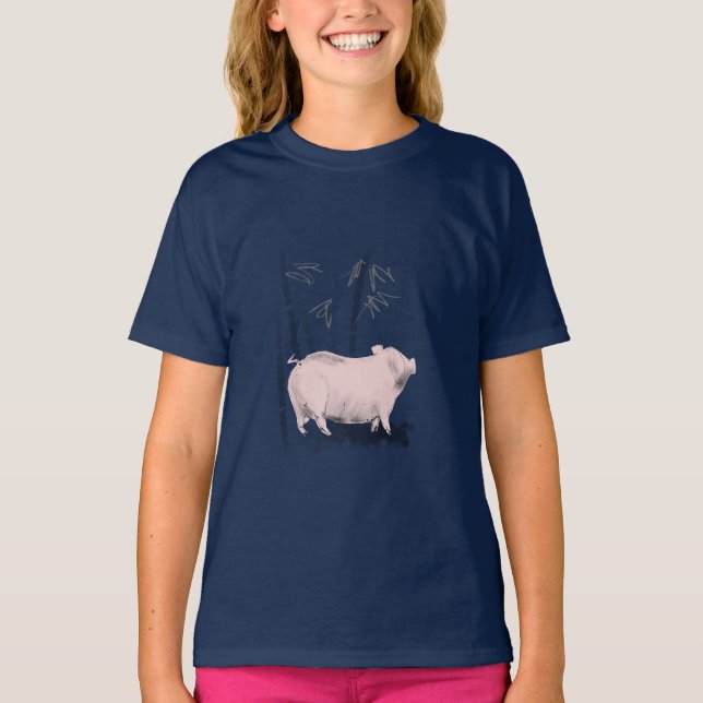 Cerdo de dibujo original y camiseta Chica de bambú (Anverso)