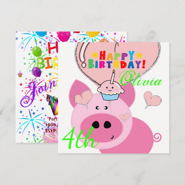 Cerdo de invitación de la tarjeta de cumpleaños fe (Anverso / Reverso)