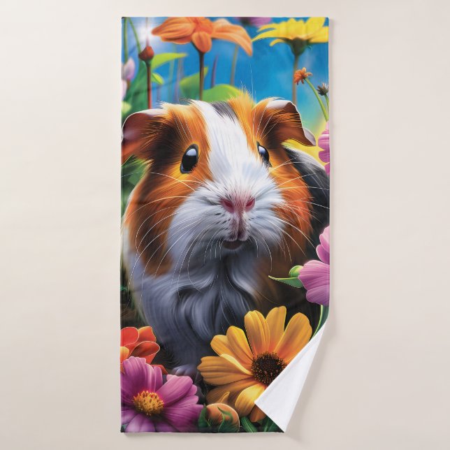 Cerdo guineano entre flores vibrantes (Toalla de baño)