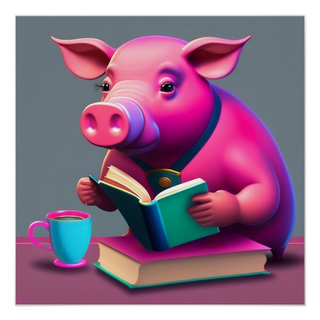 Cerdo Rosa Leyendo Un Poster De Libros (Anverso)