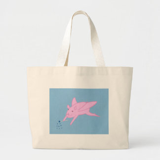 Cerdo volador rosa haciendo bolsas de lona de estr