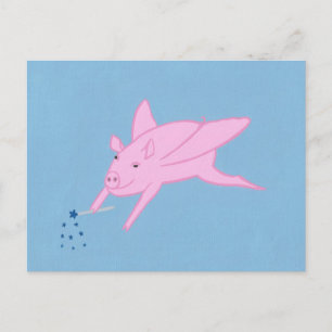Cerdo volador rosa haciendo postales a las estrell