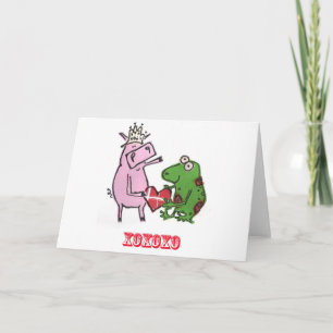 Cerdo y rana en tarjeta de San Valentín de amor