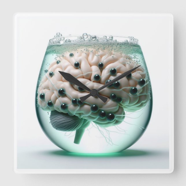 Cerebro futurista en reloj de pared de vidrio (Anverso)