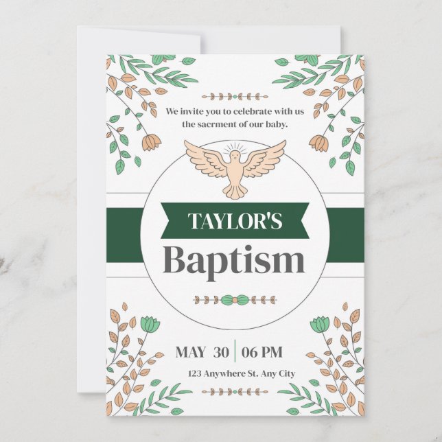 Ceremonia de bautismo floral Invitación verde foto (Anverso)