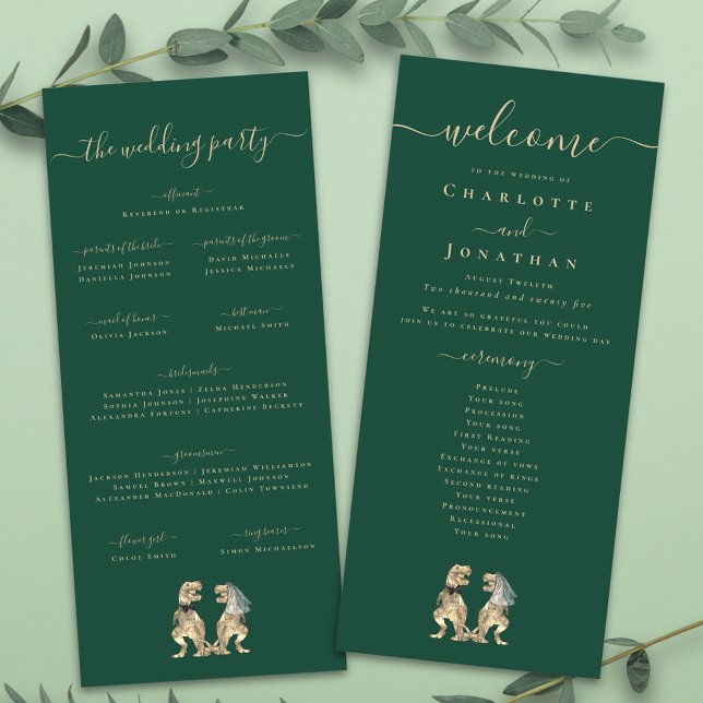 Ceremonia de Boda con Tema de Dinosaurios Programa (Dinosaur wedding menu card Funny T-Rex bride and groom elegant modern script dark green )
