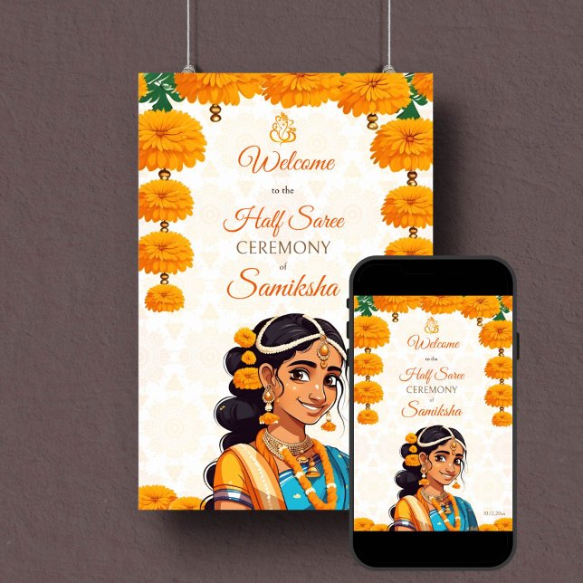 Ceremonia de media sari linda señal de bienvenida  (Half saree ceremony welcome sign poster instant download cute Indian girl in sari with marigolds)