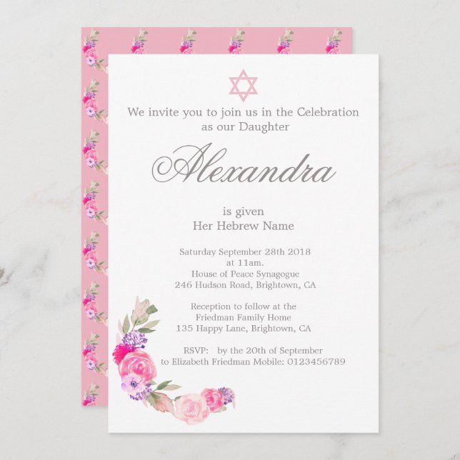 Ceremonia de Nomenclatura de Bebés Invitación rosa (Anverso / Reverso)