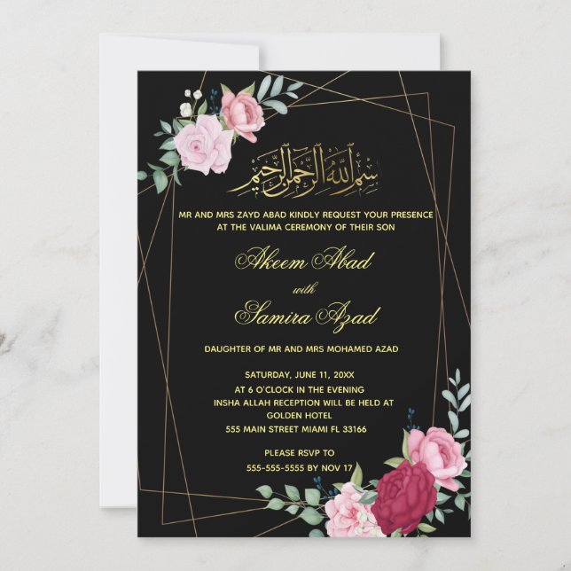 Ceremonia Valima Invitación a la Boda Dorada Negro (Anverso)