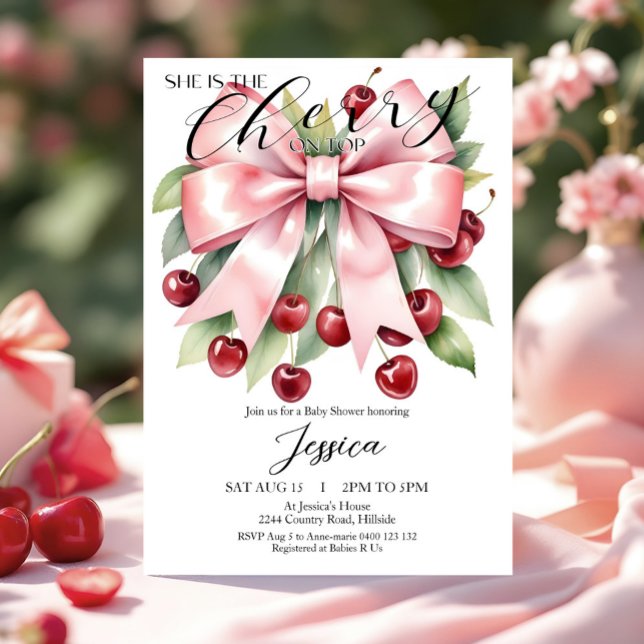 Cereza de cerezo rosado en la invitación de Baby S (She is the Cherry on Top Baby Shower Invitation with watercolor cherries, foliage and pink bow)