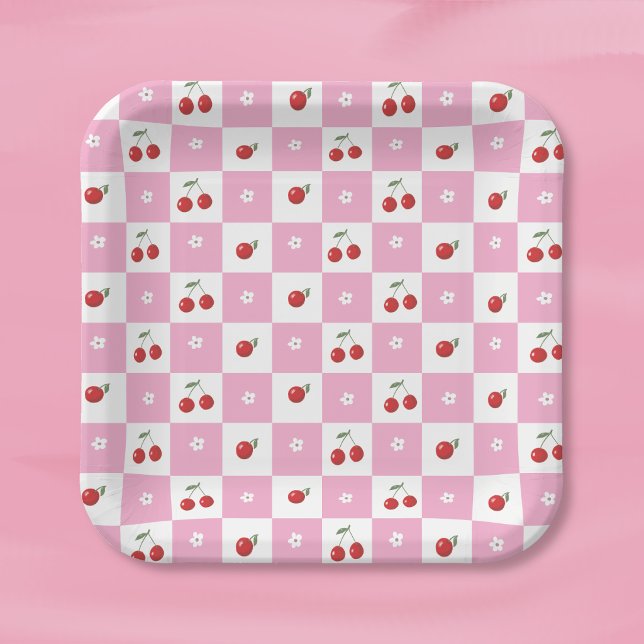 Cerezas Flores Pequeñas Platos de Papel Rosas y Bl (Cute cherries and little white flower pattern square paper plate for summer parties . )