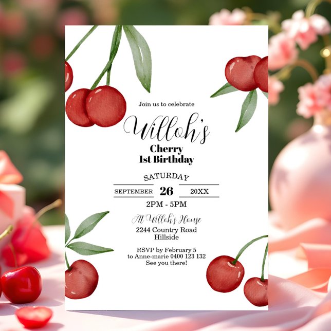 Cerezas Invitación al primer cumpleaños cerezas de (Cherry 1st Birthday Invitation. Watercolor Cherry Birthday Invitation Cherry Party Invitation)