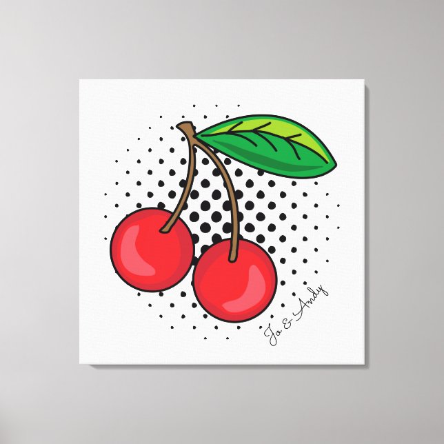 Cerezas Rojas Popart sobre Lienzo de Puntos de Sem (Anverso)