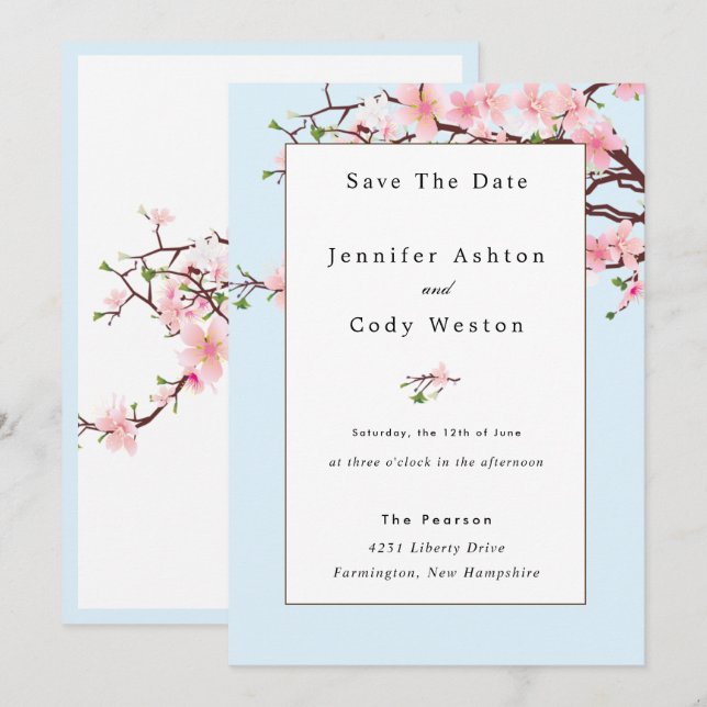 Cerezo Blossom Boda Blanca Rosa Invitación Azul (Anverso / Reverso)