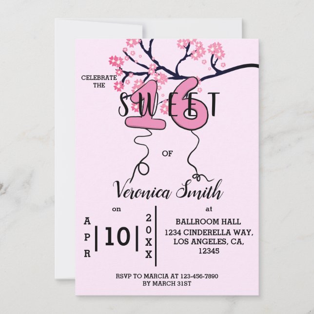 Cerezo Blossom Sweet 16 Invitación (Anverso)