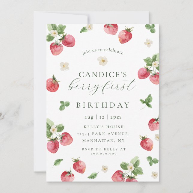 Cerezo de fresa primera invitación de cumpleaños (Anverso)