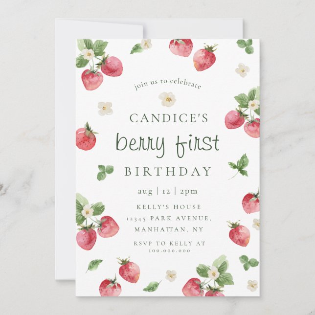 Cerezo de fresa primera invitación de cumpleaños (Anverso)