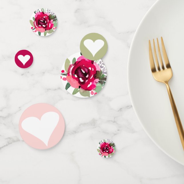 Cerise Floral Acuarela & Corazones Confeti (Grupo)