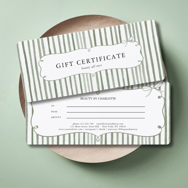 Cert (Green White Stripe Vintage Bow Gift Certificate)