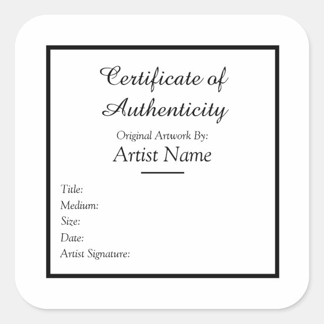 Certificado Adhesivo de autenticidad para arte (Anverso)