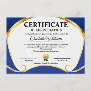 Certificado de Agradecimiento Azul Dorado Elegante