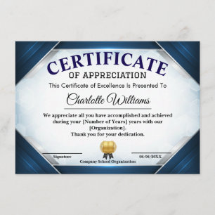 Certificado de Agradecimiento Azul Profesional