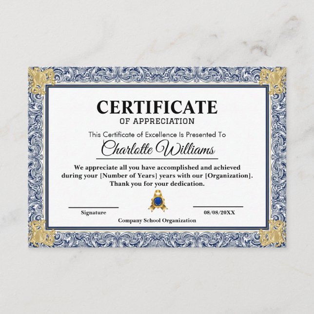 Certificado de Agradecimiento Oro Azul  (Anverso)