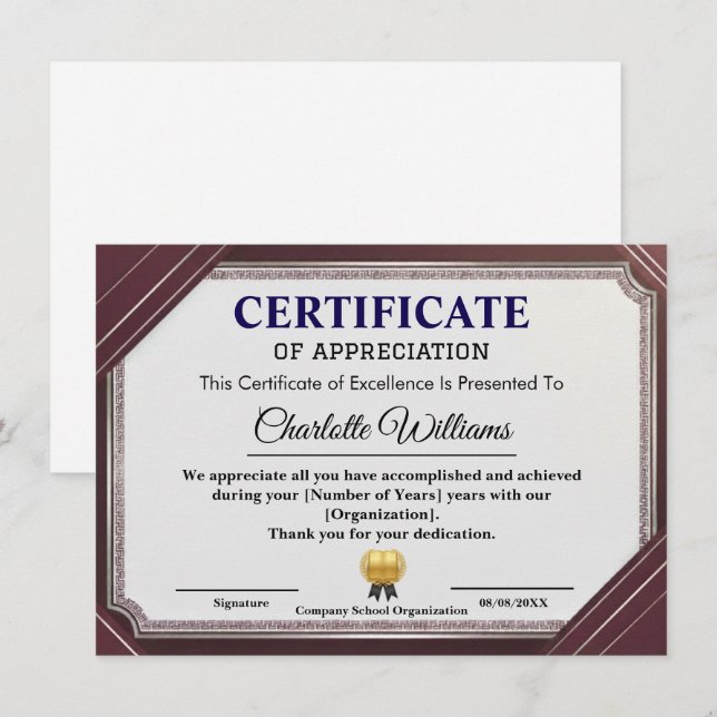 Certificado de Agradecimiento Profesional Elegante (Anverso / Reverso)