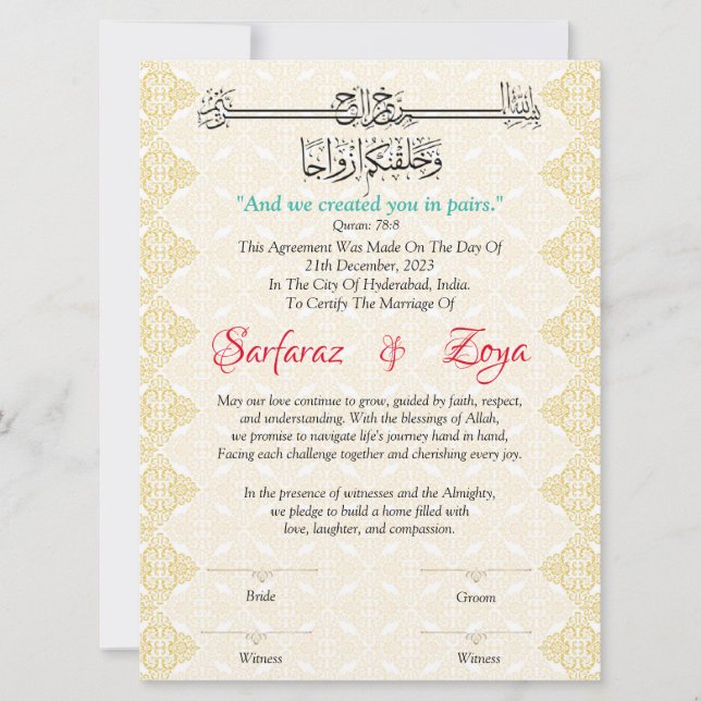 Certificado de Amor Eterno Nikah (Anverso)