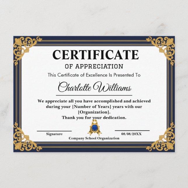 Certificado de Años de Servicio del Empleado Oro (Anverso)