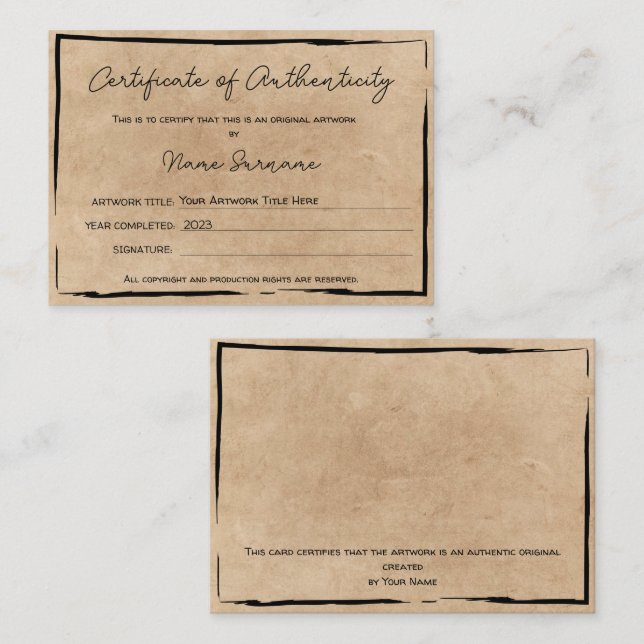 Certificado de autenticidad de la ilustración por  (Anverso / Reverso)