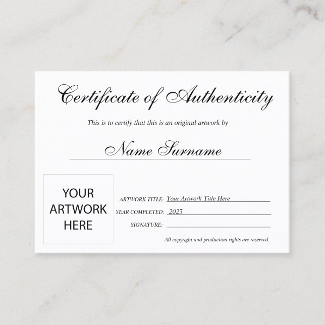 Certificado de autenticidad de la ilustración por  (Anverso)