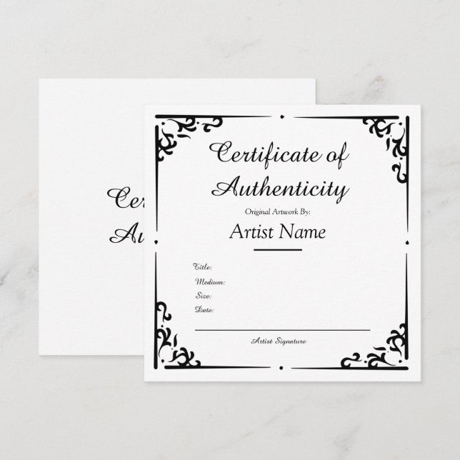 Certificado de autenticidad para el arte (Anverso / Reverso)