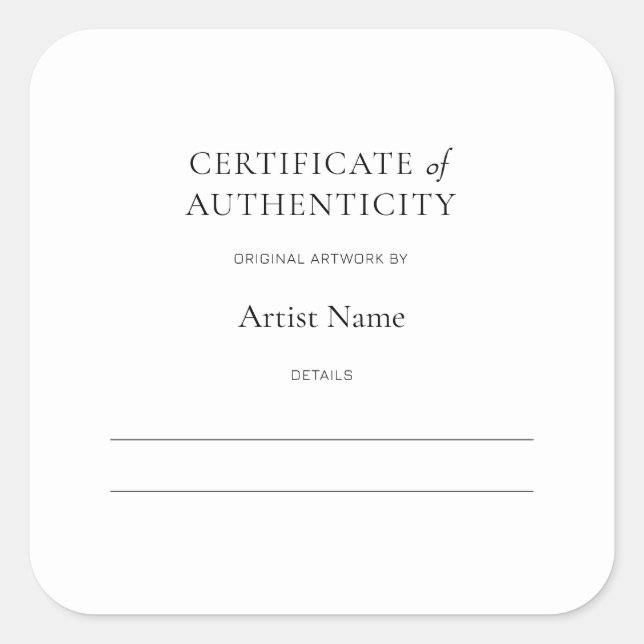 Certificado de autenticidad para Pegatina de arte (Anverso)