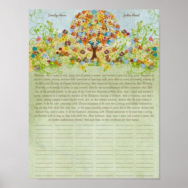 Certificado de Boda Cuáquero de impresión de árbol (Frente)
