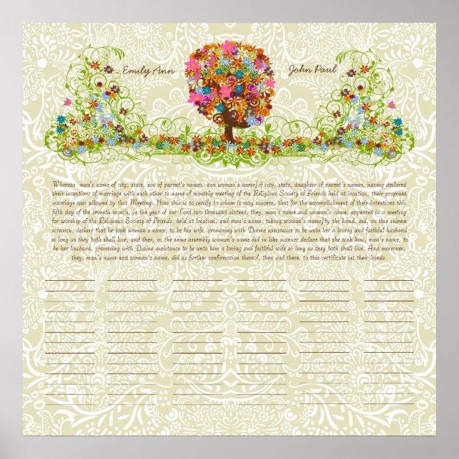 Certificado de Boda Quaker con Impresión de Flor d (Frente)