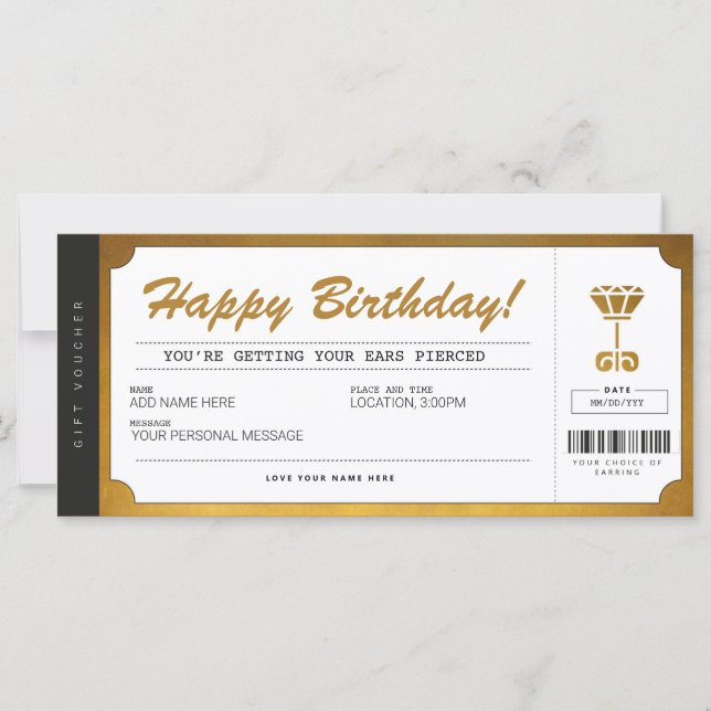 Certificado de cupón de regalo de oro para Piercin (Anverso)