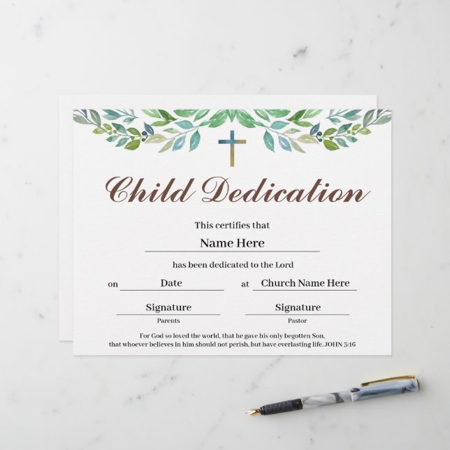 Certificado de dedicción infantil de hoja de verdo (Anverso/Reverso In Situ)