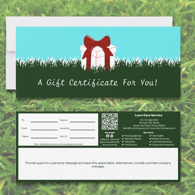 Certificado de entrega de notas personales del Ser (Lawn Care Service Personal Note Gift Certificate, Green & White)